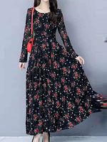 Fashion autumn and winter mid-length large floral dress - thumbnail