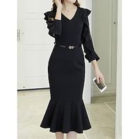 Women's Party Dress Cocktail Dress Wedding Guest Dress Midi Dress Black Red Purple Long Sleeve Pure Color Lace Spring Fall Winter V Neck Fashion Winter Dress Wedding Guest Birthday 2023 M L XL XXL 3XL Lightinthebox - thumbnail