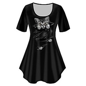 Women's Plus Size Tops T shirt Print Cat Graphic Animal Large Size Crewneck Short Sleeve Basic Big Size XL XXL 3XL 4XL 5XL White Black Lightinthebox