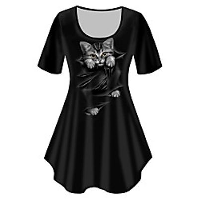 Women's Plus Size Tops T shirt Print Cat Graphic Animal Large Size Crewneck Short Sleeve Basic Big Size XL XXL 3XL 4XL 5XL White Black Lightinthebox