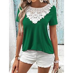 T shirt Tee Women's Pink Green Gray Plain Lace Street Daily Fashion Round Neck Regular Fit S Lightinthebox