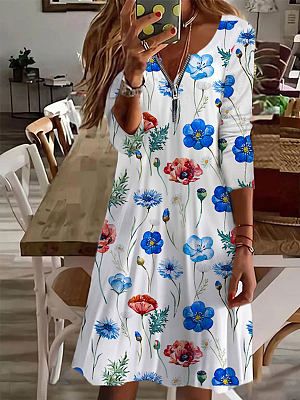 Fashion Print Zip V-neck Shift Dresses