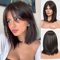 Dark Brown Wigs for Woemn Straight Wig with Curtain Bangs Shoulder Length Natural Synthetic Wig for Daily Use Lightinthebox