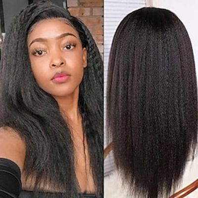 Human Hair 13x4 Lace Front Wig Free Part Brazilian Hair Light Yaki Straight Black Wig 130% Density with Baby Hair Glueless Pre-Plucked For wigs for black women Medium Length Human Hair Lace Wig Lightinthebox