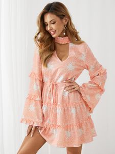 YOINS Floral print Cut out Tiered design Bell sleeves Mini Dress