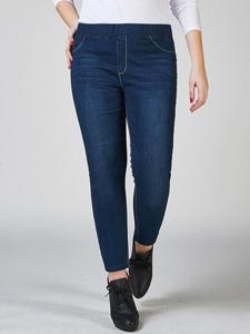 Elastic Waist Pocket Denim Blue Jeans
