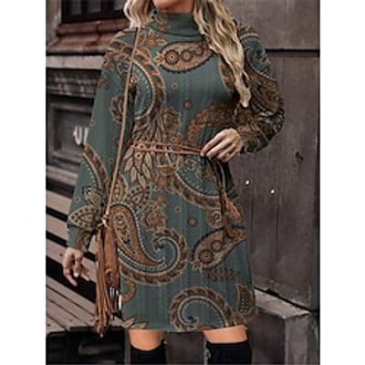 Women's Sweater Dress Jumper Dress Paisley Dress Mini Dress Knitwear Warm Fashion Floral Paisley Outdoor Casual Daily Going out Turtleneck Long Sleeve 2023 Loose Fit Royal Blue Blue Green S M L XL Lightinthebox