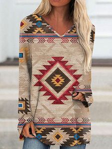 V-neck Casual Loose Geometric Print Long-sleeved T-shirt