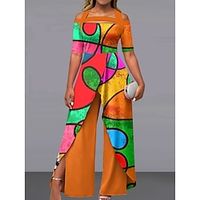 Women's Jumpsuit Print Abstract Off Shoulder Active Party Club Wide Leg Regular Fit Short Sleeve Black Yellow Light Green S M L Summer Lightinthebox