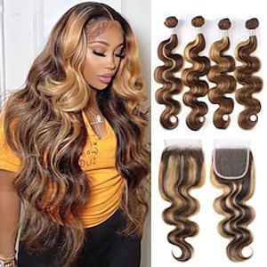 4 Bundles With Closure Hair Weaves Brazilian Hair Body Wave Human Hair Extensions Remy Human Hair Natural Color Hair Weaves / Hair Bulk 10-20 inch Natural Color Women Youth miniinthebox