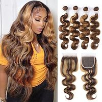 4 Bundles With Closure Hair Weaves Brazilian Hair Body Wave Human Hair Extensions Remy Human Hair Natural Color Hair Weaves / Hair Bulk 10-20 inch Natural Color Women Youth miniinthebox - thumbnail