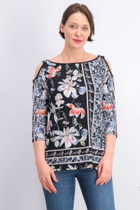 Womens Petite Printed Embellished Cold-Shoulder Top  Black Combo