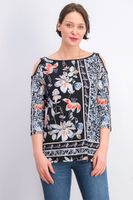 Womens Petite Printed Embellished Cold-Shoulder Top  Black Combo - thumbnail