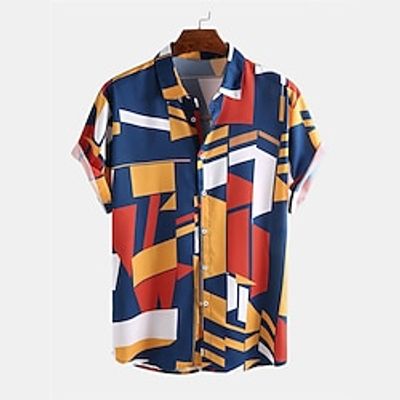 Color Block Geometry Casual Men's Shirt Outdoor Street Casual Daily Fall Turndown Short Sleeve Yellow Pink Purple S M L Shirt Lightinthebox