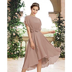 A-Line Jewel Neck Tea Length Chiffon Bridesmaid Dress with Pleats miniinthebox