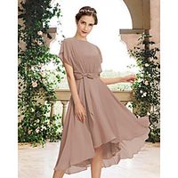 A-Line Jewel Neck Tea Length Chiffon Bridesmaid Dress with Pleats miniinthebox - thumbnail