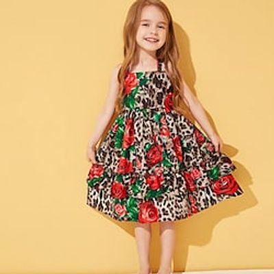 Kids Little Girls' Dress Floral Leopard A Line Dress Daily Ruched Print Red Above Knee Sleeveless Princess Sweet Dresses Summer Regular Fit 1pcs 2-6 Years Lightinthebox