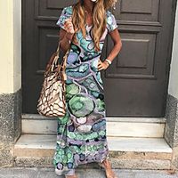 Women's Sheath Dress Maxi long Dress Purple Yellow Green Short Sleeve Floral Print Print Spring Summer V Neck Boho 2021 S M L XL miniinthebox - thumbnail