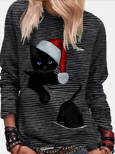 Round Neck Cat Print Long Sleeve T-shirt