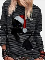 Round Neck Cat Print Long Sleeve T-shirt - thumbnail