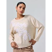 Knit Embroidered Wool Blend Pullover Sweater