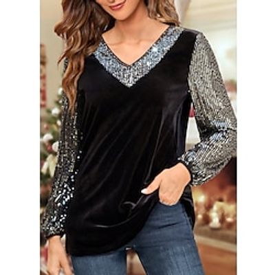Women's Shirt Blouse Velvet Black Sparkly Sequins Long Sleeve Party Christmas Casual Fashion V Neck Regular Fit Lantern Sleeve Spring Fall Lightinthebox Women's Shirt Blouse Velvet Black Sparkly Sequins Long Sleeve Party Christmas Casual Fashion V Neck Regular Fit Lantern Sleeve Spring Fall Lightinthebox