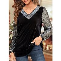 Women's Shirt Blouse Velvet Black Sparkly Sequins Long Sleeve Party Christmas Casual Fashion V Neck Regular Fit Lantern Sleeve Spring   Fall Lightinthebox - thumbnail