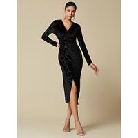 Black Velvet Party/Wedding Guest Ruched Split V Neck Long Sleeve Midi Dressdress to impress 2024