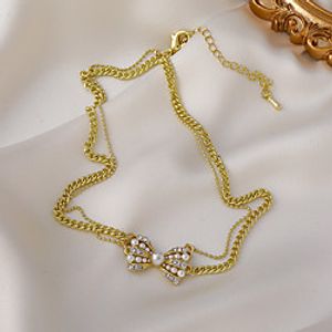 double-layer pearl flashing diamond bow necklace female 2021 new trendy korean ins temperament fashion sense clavicle chain Lightinthebox