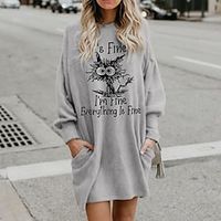 Women's Sweatshirt Dress Winter Dress Mini Dress Gray Long Sleeve Animal Cat Letter Pocket Print Winter Fall Hooded Casual Fall Dress Loose Fit 2022 S M L XL XXL 3XL Lightinthebox - thumbnail