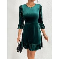 Women's Velvet Dress Green Christmas Party Dress Cocktail Dress Mini Dress Dark Green 34 Length Sleeve Pure Color Ruffle Spring Fall Winter Crew Neck Winter Dress Lightinthebox - thumbnail