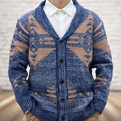 Men's Cardigan Sweater Cropped Sweater Ribbed Knit Regular Knitted Jacquard Graphic Shawl Collar Vintage Warm Ups Casual Daily Wear Clothing Apparel Fall Winter Black khaki M L XL miniinthebox