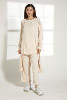 Moistreet Crème Cey Mélange Fabric Top And Pants Set (XS, S, M, L, XL, XXL)