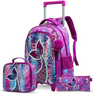 Eazy Kids - 18 Set Of 3 Trolley School Bag Lunch Bag & Pencil Case Mermaid - Purple