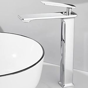 Bathroom Vessel Faucet Tall 11 inch, Sink Mixer Basin Taps Deck Mounted, Monobloc Single Handle Cermaic Valve Washroom Taps with Cold and Hot Hose Black Golden White Chrome Lightinthebox