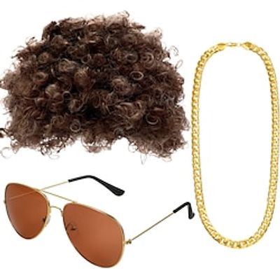 Afro Hippie Costume Set Funky Afro Wig, Disco Gold Celebrity Sunglasses Faux Gold Chain for 50/60/70s Themed Party miniinthebox