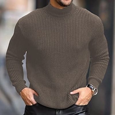 Men's Sweater Pullover Ribbed Knit Cropped Knitted Solid Color Turtleneck Keep Warm Modern Contemporary Work Daily Wear Clothing Apparel Fall  Winter Black Light Grey M L XL Lightinthebox