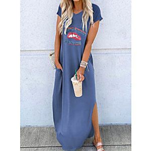 Women's T Shirt Dress Tee Dress Maxi long Dress Blue Khaki Green White Black Short Sleeve Print Letter Split Pocket Print Spring Summer V Neck Casual Going out Loose 2021 S M L XL miniinthebox