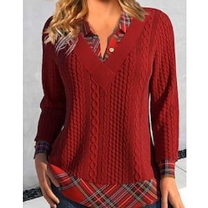 Women's Shirt Blouse Red Plaid Lace Button Print Long Sleeve Casual Daily Shirt Collar Regular Fit Fall  Winter Lightinthebox