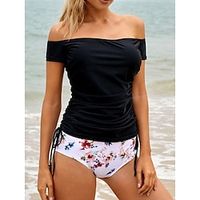 Women's Swimwear Tankini 2 Piece Normal Swimsuit 2 Piece Printing Floral Black Bathing Suits Sports Beach Wear Summer Lightinthebox - thumbnail