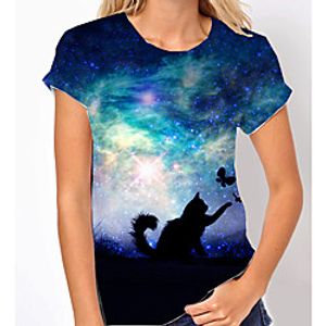 Women's T shirt Galaxy Cat Butterfly Print Round Neck Tops Basic Basic Top Blue Purple Green Lightinthebox