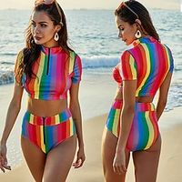 Women's Rashguard Swimsuit UV Sun Protection UPF50 Breathable Long Sleeve Swimwear Bathing Suit 2 Piece Front Zip Swimming Surfing Water Sports Striped Summer / Stretchy / Quick Dry / Quick Dry miniinthebox - thumbnail