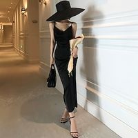 Mermaid Black Dress Party Dresses High Split Dress Formal Prom Ankle Length Sleeveless Spaghetti Strap  Satin with Slit 2023 Lightinthebox - thumbnail