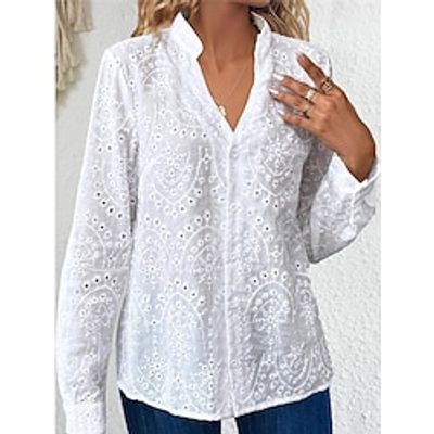 Women's Shirt Blouse Eyelet top Cotton Plain Casual White Cut Out Long Sleeve Elegant Fashion Modern Shirt Collar Regular Fit Spring Lightinthebox Women's Shirt Blouse Eyelet top Cotton Plain Casual White Cut Out Long Sleeve Elegant Fashion Modern Shirt Collar Regular Fit Spring Lightinthebox