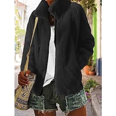 Women's Zip Hoodie Sweatshirt Fleece Jacket Flannel Teddy Fuzzy Pocket Drawstring Zip Up Black Pink Wine Solid Color Casual Sports V Neck Long Sleeve Top Micro-elastic Fall  Winter Lightinthebox