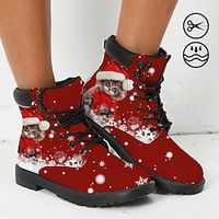 Women's Boots Print Shoes Xmas Shoes Combat Boots Party Christmas Xmas Cat Animal Patterned Booties Ankle Boots Winter Flat Heel Round Toe Closed Toe Fashion Cute Casual Faux Leather Lace-up Red miniinthebox - thumbnail