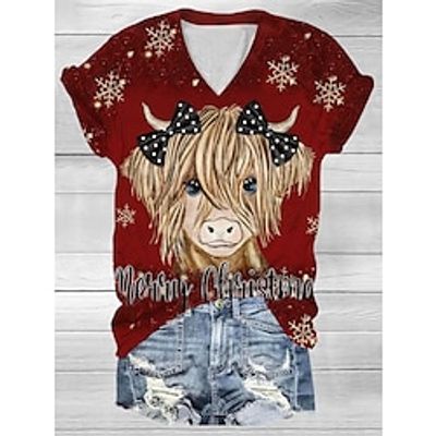 Women's T shirt Tee Christmas Shirt Red Gray Animal Snowflake Print Short Sleeve Christmas Weekend Festival  Holiday V Neck Regular Fit Painting Summer Lightinthebox