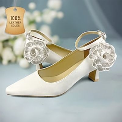 Women's Heels Wedding Shoes Dress Shoes Satin Flower Low Heel Square Toe Elegant Satin Ankle Strap White Lightinthebox