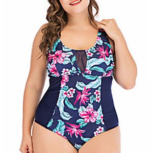 Women's Swimwear One Piece Monokini Swimsuit Tummy Control Open Back Print Floral Black Navy Blue Plus Size Swimwear Scoop Neck Bathing Suits New Vacation Fashion / Modern miniinthebox