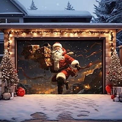 Christmas Outdoor Garage Door Cover Santa Xmas Door Banner Santa Claus Snowman Large Door Mural Christmas Backdrop Decoration for Holiday Home Wall Decorations miniinthebox